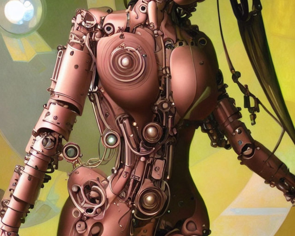 Female robot with intricate machinery and exposed joints on yellowish-green backdrop