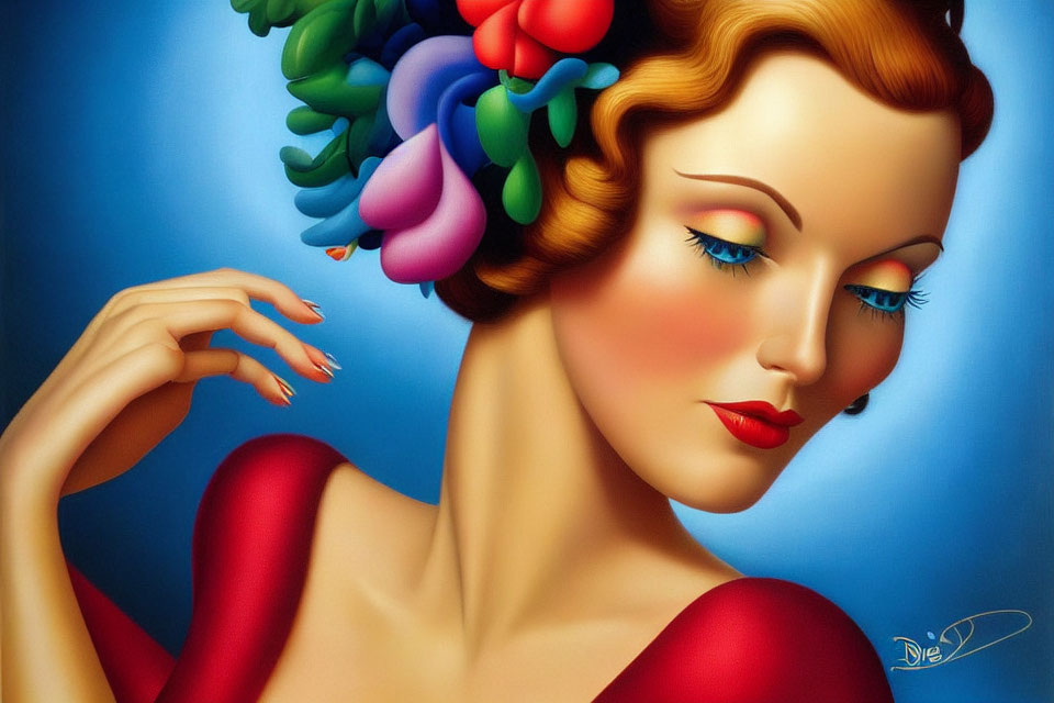 Stylized woman with red lips and colorful bouquet in hair