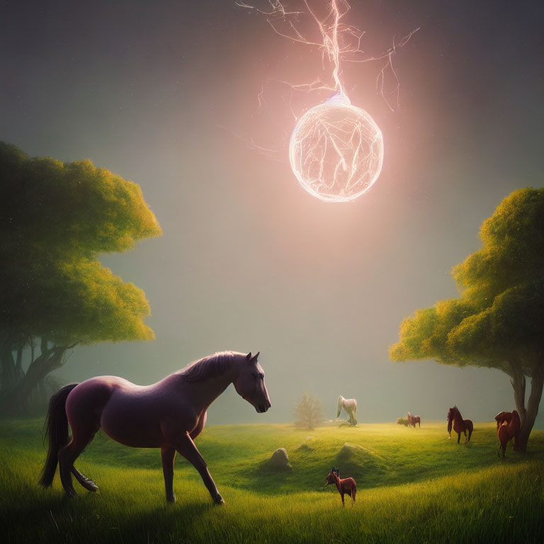 Mystical horse scene in verdant field under glowing sky orb