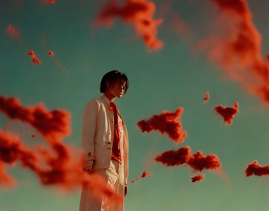 Person in White Suit Under Red Clouds in Surreal Setting