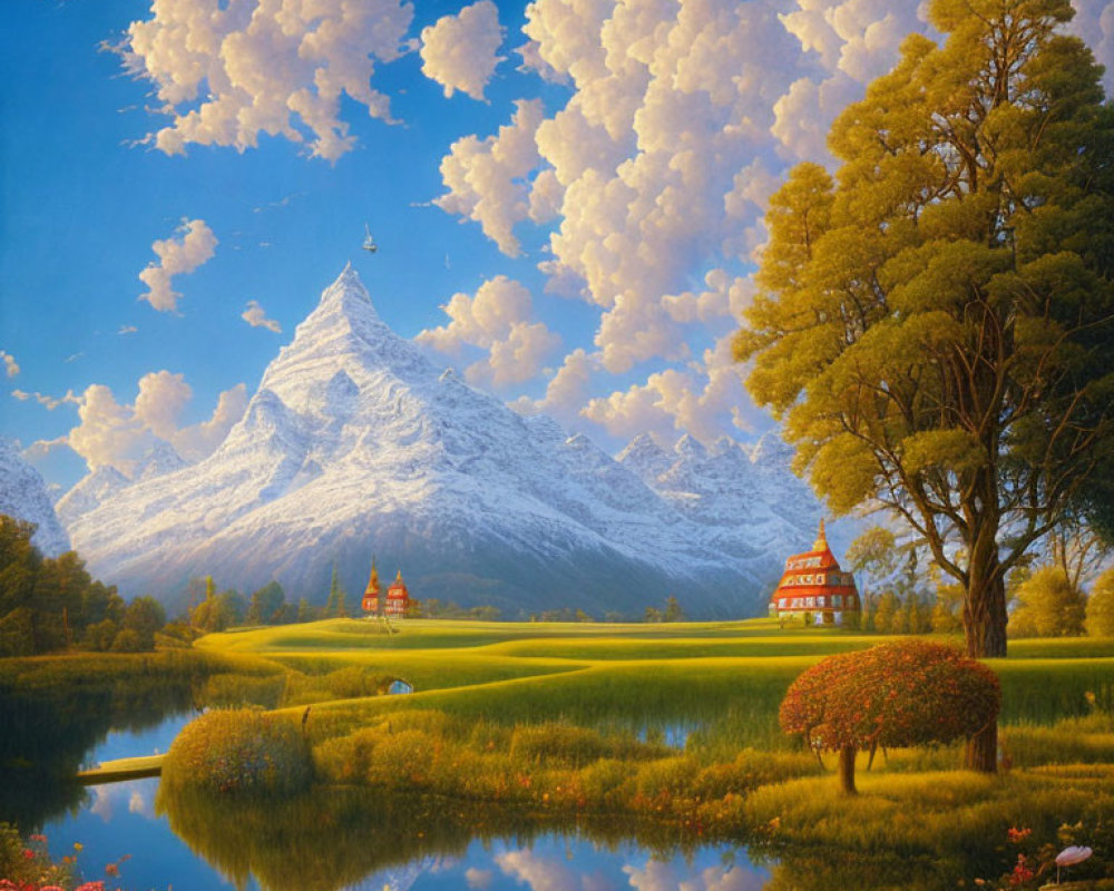 Snow-capped mountain, serene lake, lush trees, charming houses in idyllic landscape