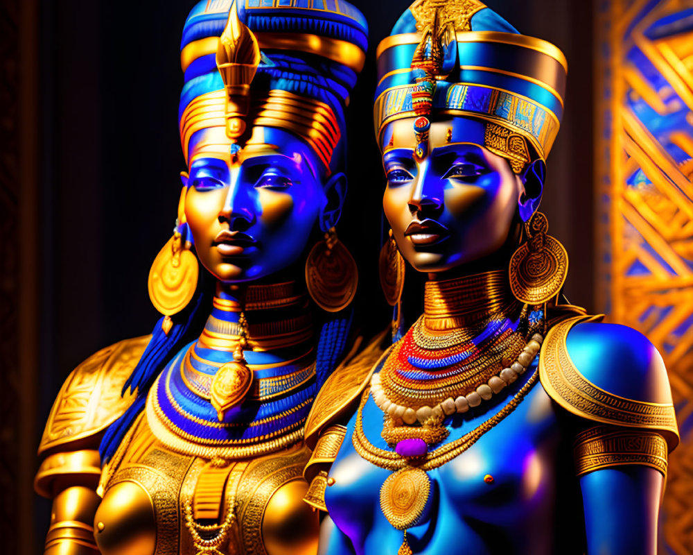 Golden Egyptian statues of pharaoh and queen with intricate designs and headdresses.