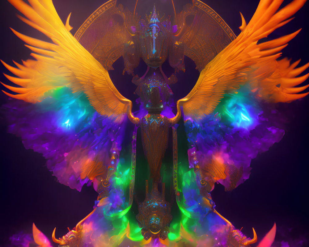 Symmetrical, ornate figure with colorful wings in fantasy-themed image