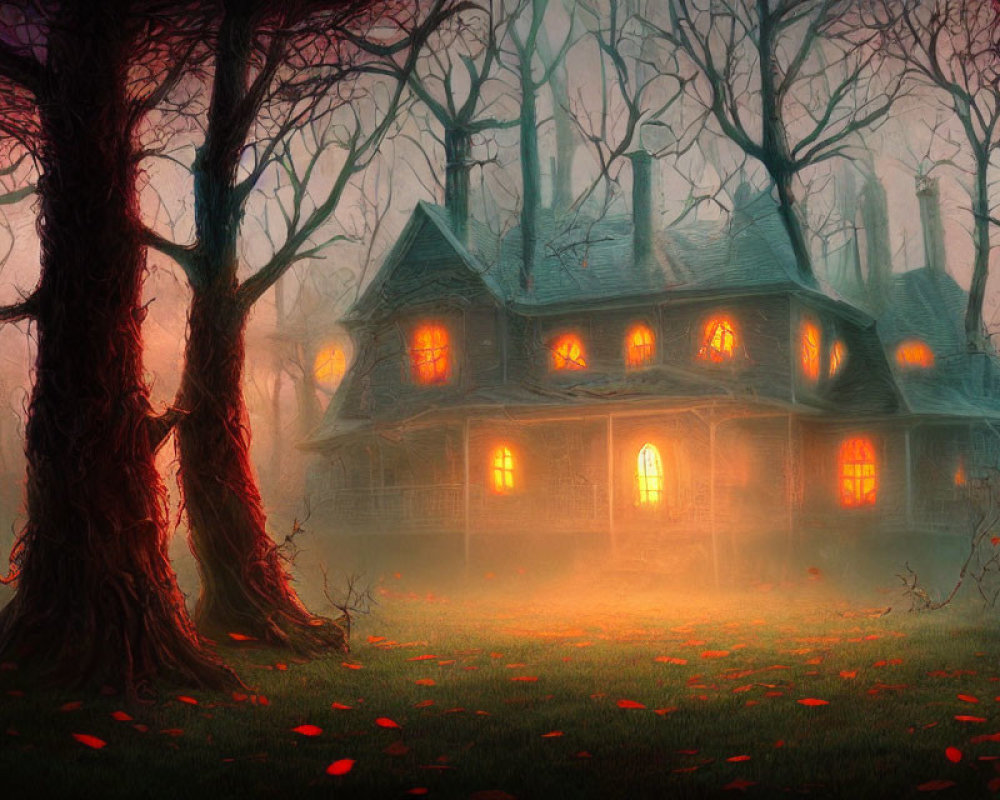 Eerie illuminated house in foggy forest with red leaves