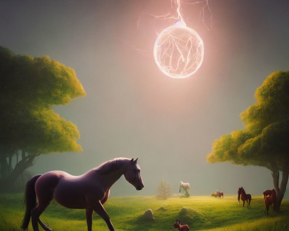 Mystical horse scene in verdant field under glowing sky orb
