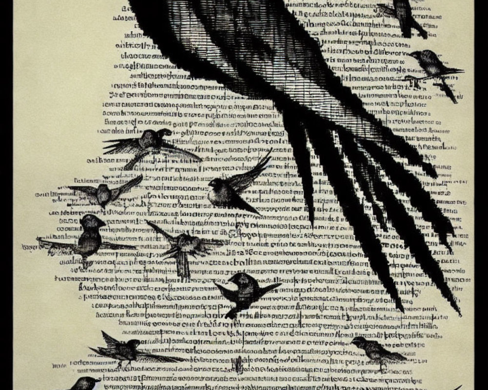 Silhouette flock of birds over text background merge art and nature