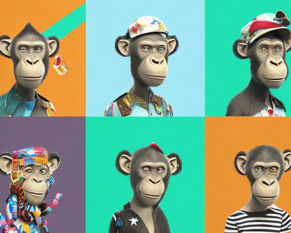 Stylized monkey images in different outfits and accessories on colorful backdrops