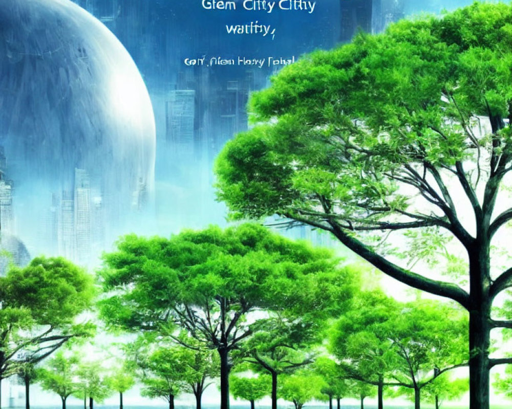 Futuristic city skyline with lush green trees