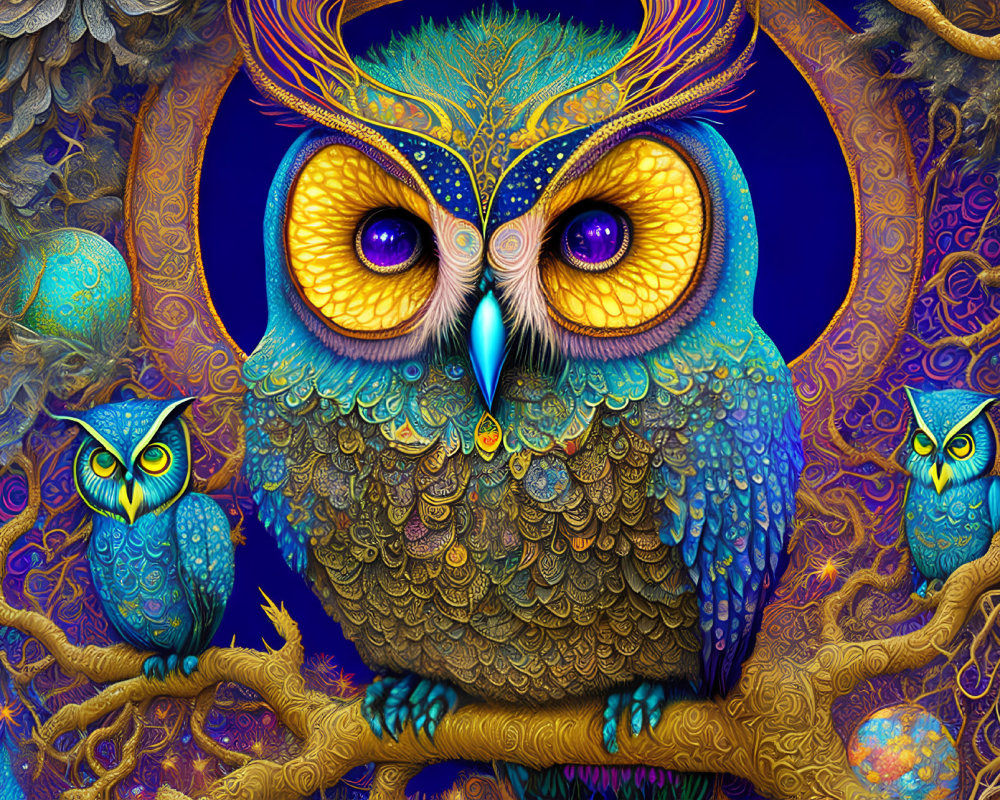 Colorful Artwork of Three Stylized Owls on Twisted Branches