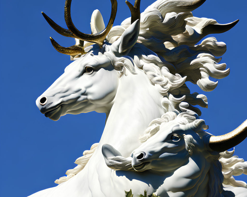 White and Gold Double Portrait of Majestic Animal Heads with Antlers on Blue Sky