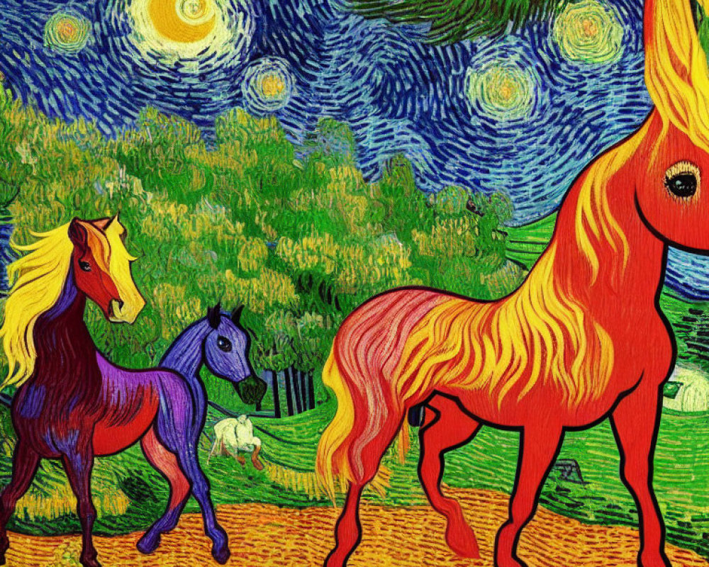 Vivid painting of stylized horses under starry sky