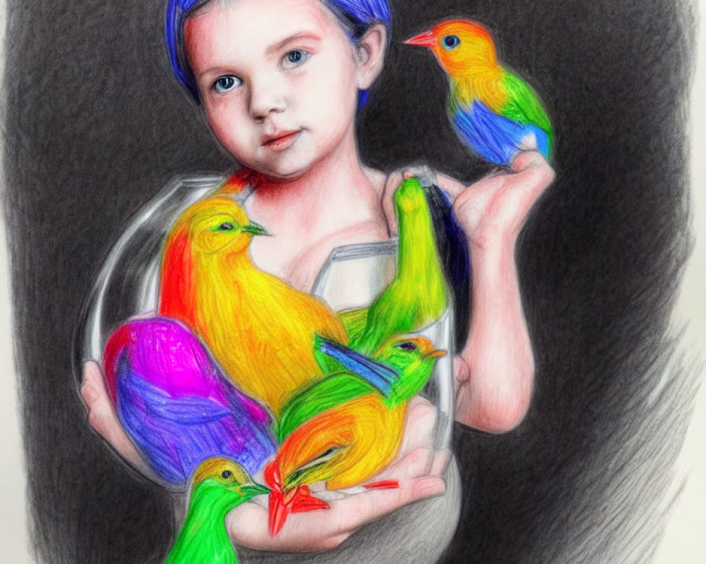 Illustration of girl with glass jar and colorful birds