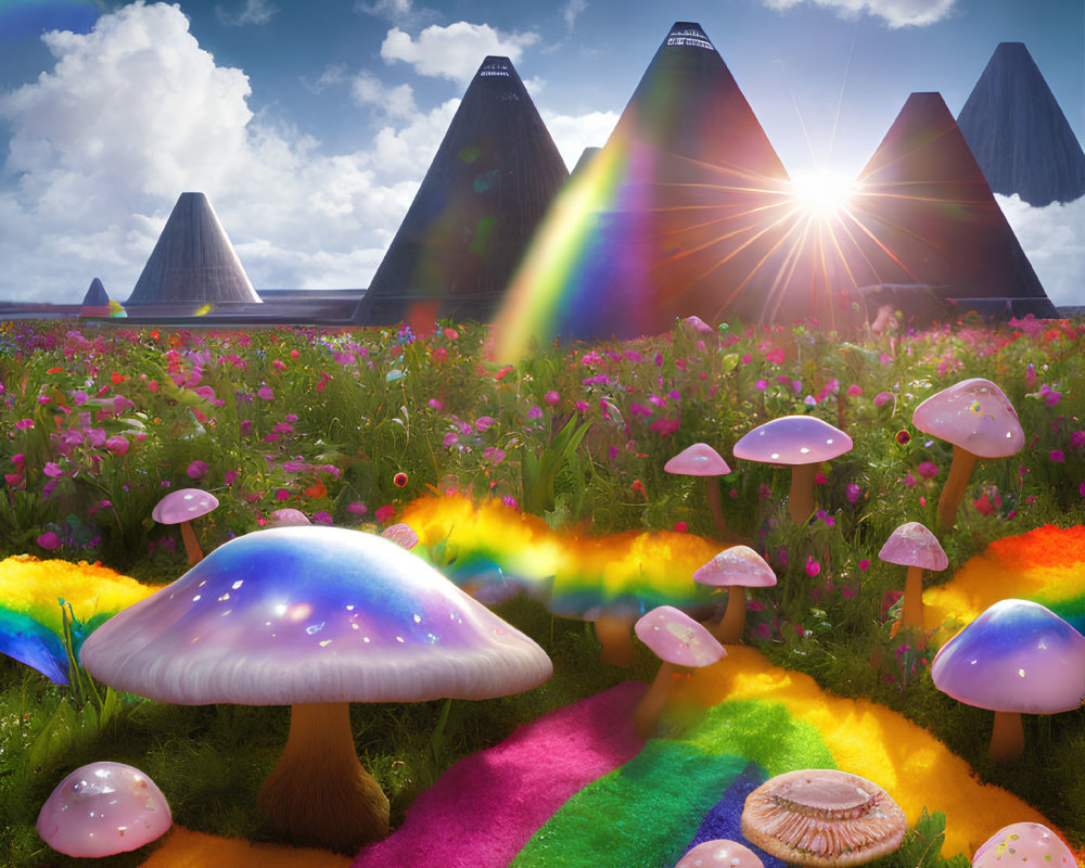 Colorful Fantasy Landscape with Glowing Mushrooms, Rainbow Ground, Pyramid Mountains, and Bright Sun
