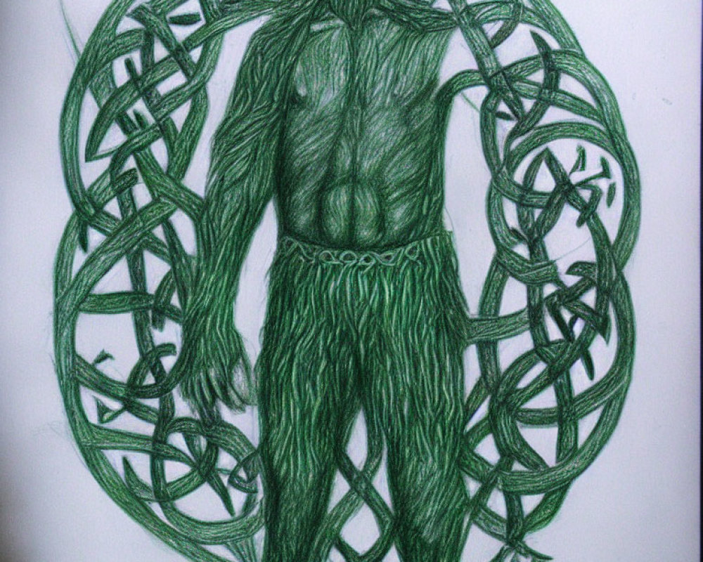 Green-toned drawing of bearded man with leaf hair in Celtic knot circle