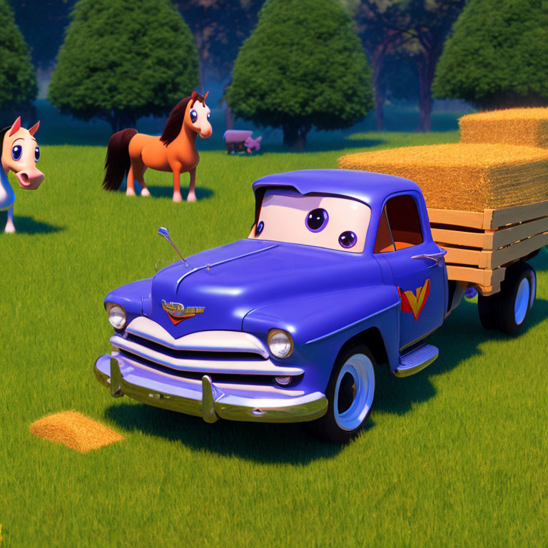 Blue Cartoon Pickup Truck Hauling Hay in Sunny Field with Cheerful Horses