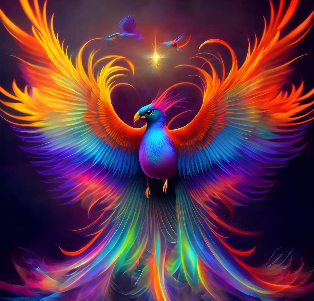 Colorful peacock digital artwork on dark background
