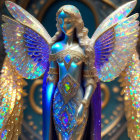 Iridescent angel statue with intricate wings and golden accents