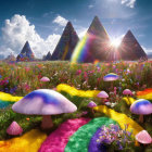 Colorful Fantasy Landscape with Glowing Mushrooms, Rainbow Ground, Pyramid Mountains, and Bright Sun