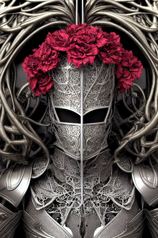 Intricate armored figure with featureless mask and red flower wreath on metallic background