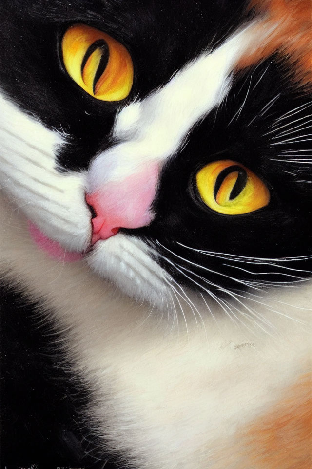 Detailed close-up painting of black and white cat with yellow eyes and pink nose