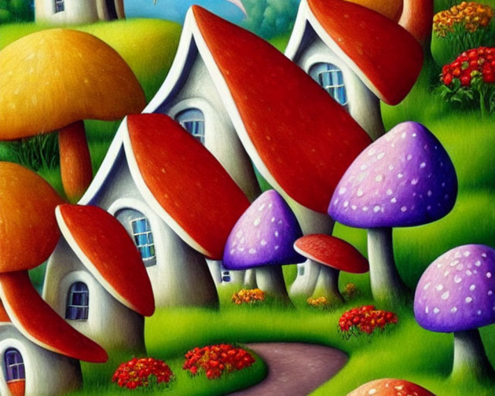 Vibrant mushroom houses in fantasy landscape with castle tower and butterflies