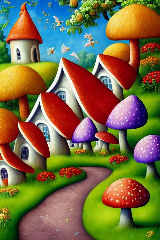 Vibrant mushroom houses in fantasy landscape with castle tower and butterflies