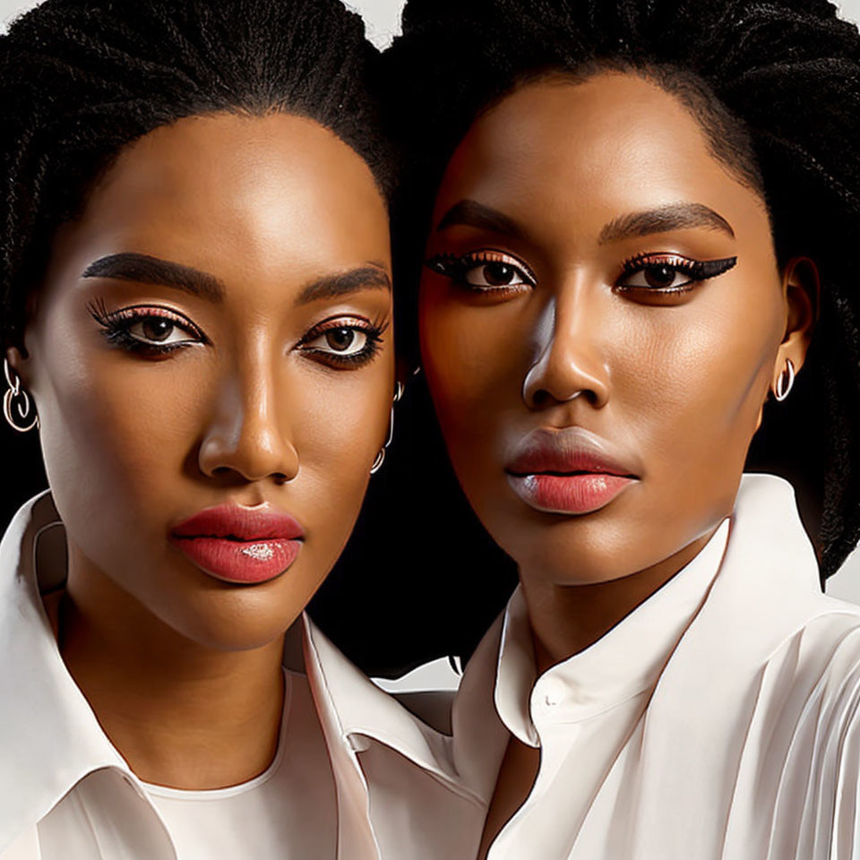 Two women with striking makeup and braided hair in white shirts on beige background