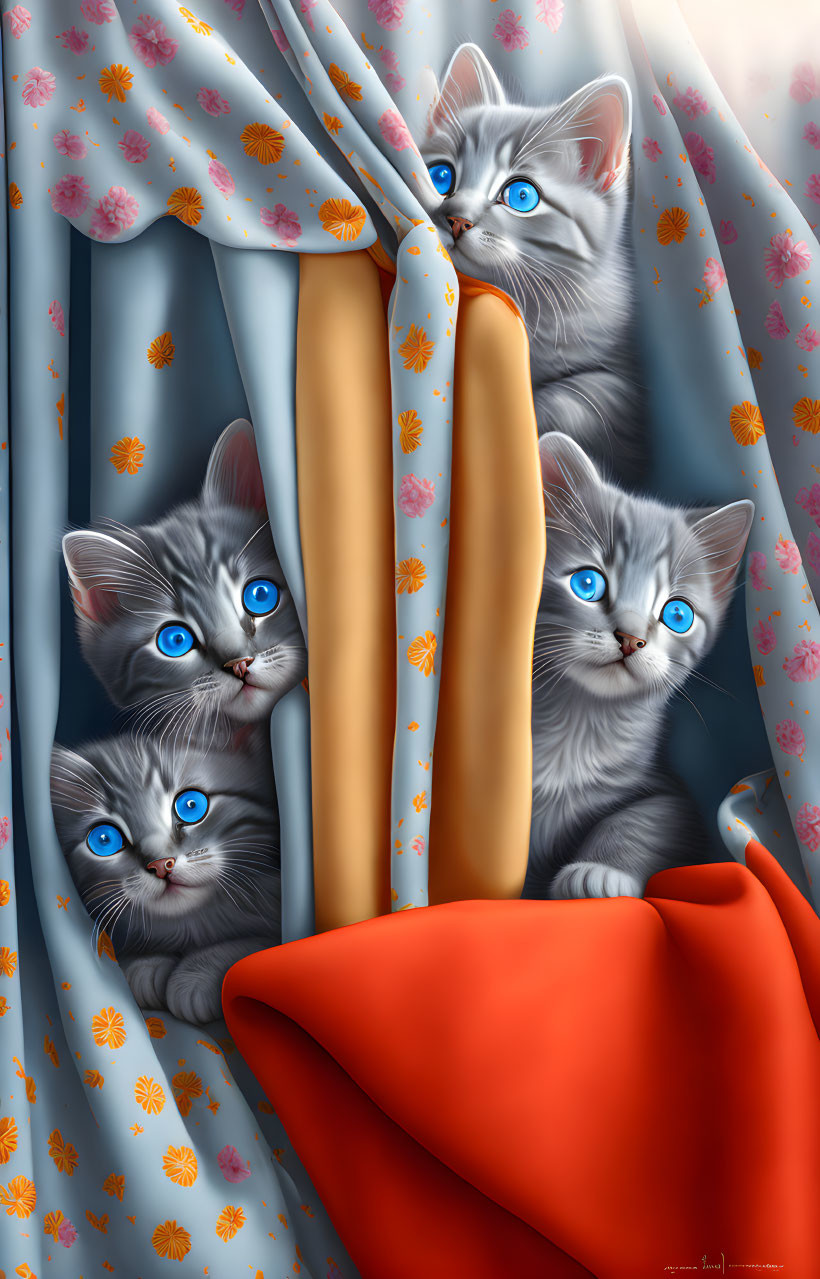 Four Blue-Eyed Kittens Curiously Peeking from Floral Curtain