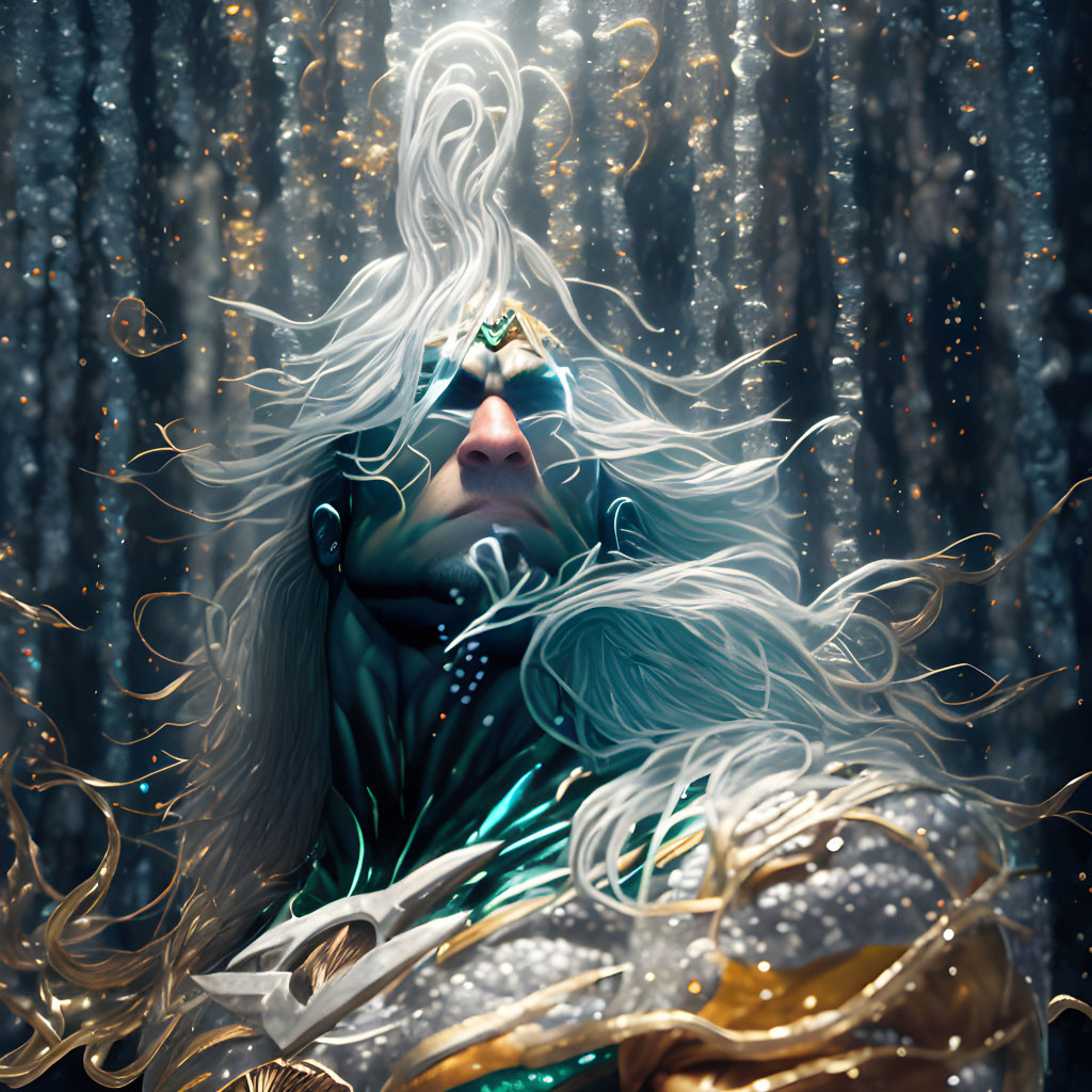 Ethereal being with white hair and golden ornaments in mystical forest
