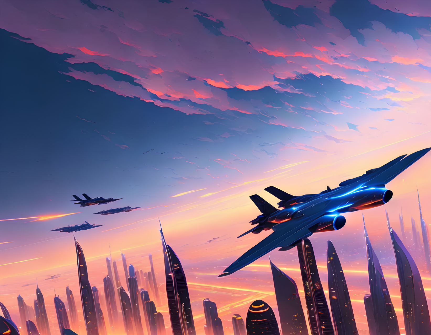 Futuristic fighter jets over vibrant cityscape at dusk