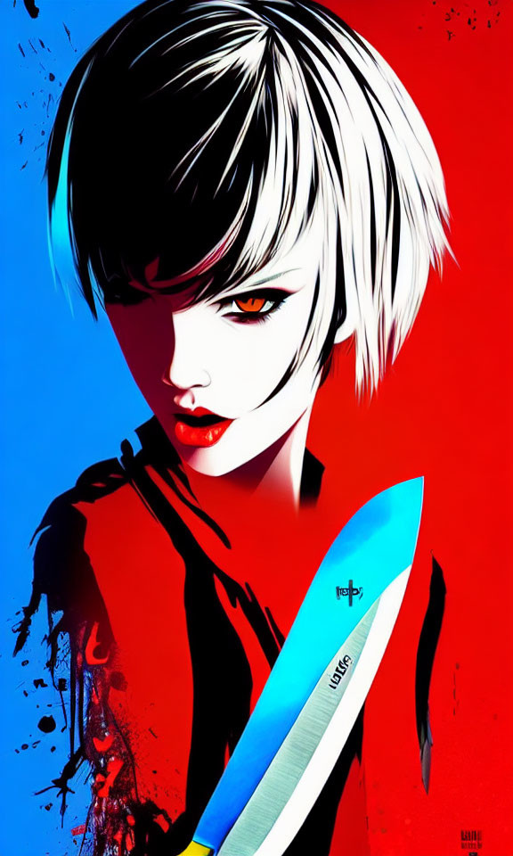 Stylized portrait of woman with bob haircut holding blue knife