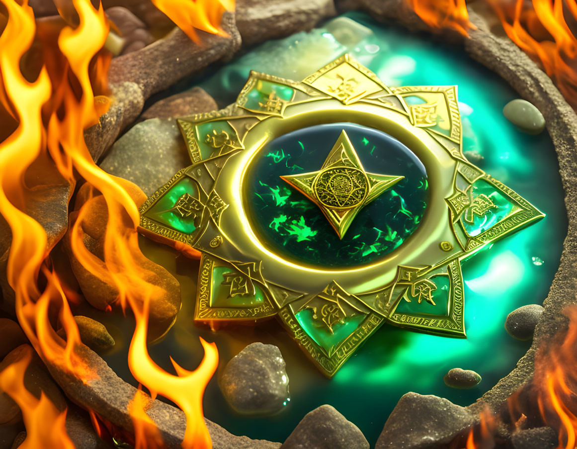 Mystical green glowing pool with golden star emblem, stones, and flames
