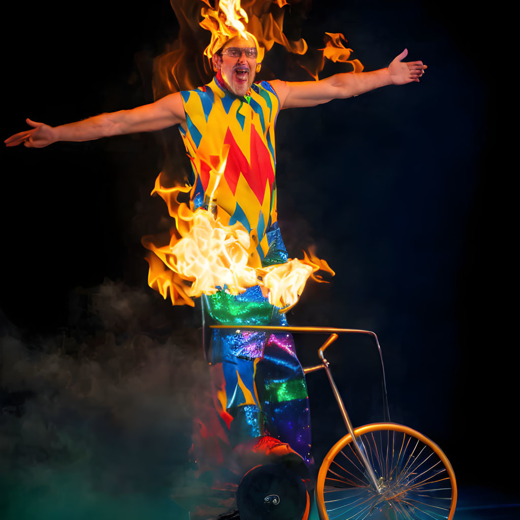 Colorful Costume Performer on Unicycle Engulfed in Flames