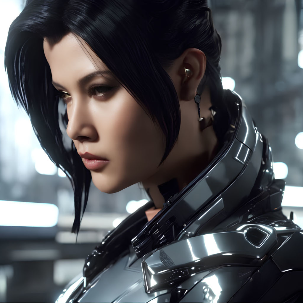 Female character with short black hair in futuristic armor against industrial backdrop.