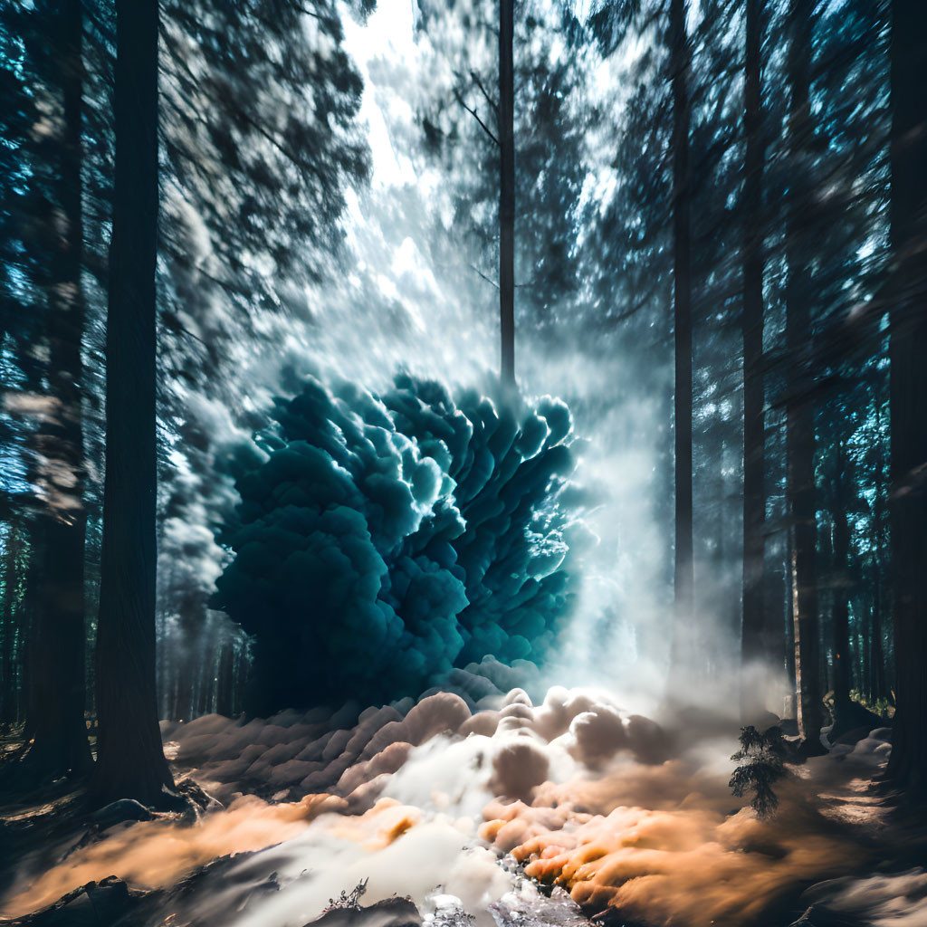 Mystical blue smoke explosion in sunlit forest