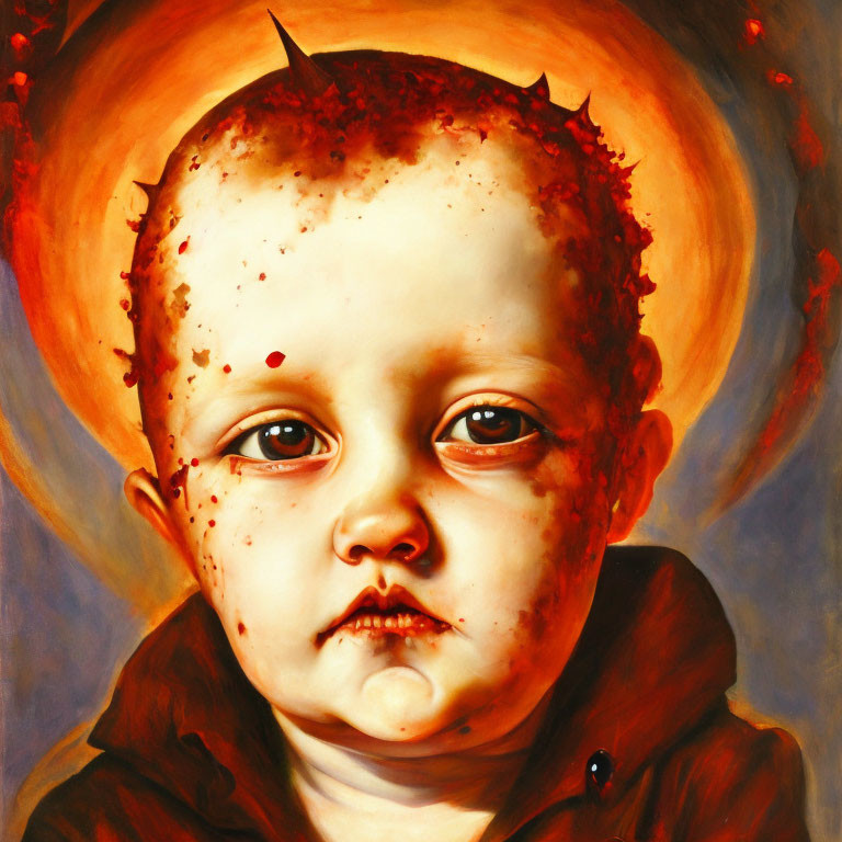 Eerie portrait of child with spiked halo and reddish tones
