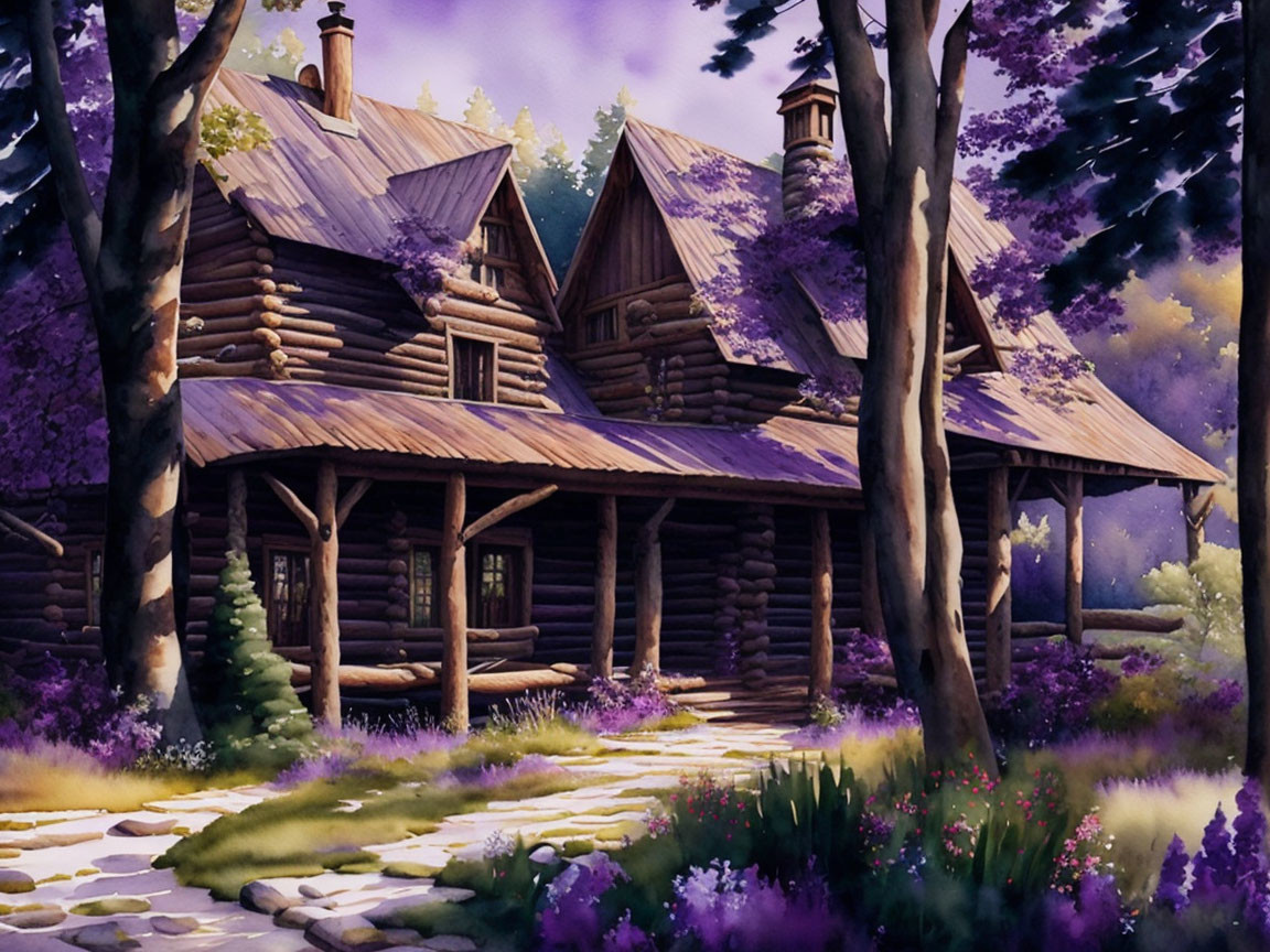 Scenic log cabin in woodland clearing with purple wildflowers