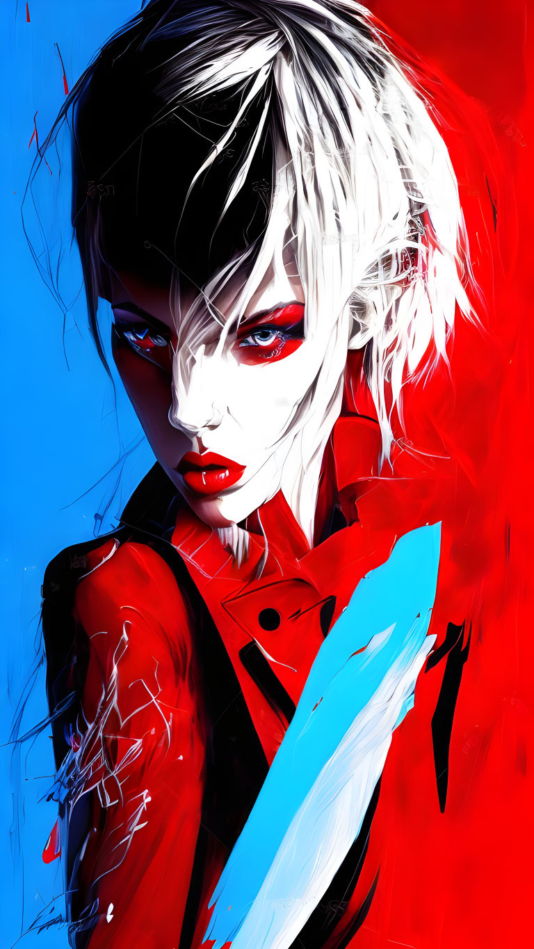 Illustration of woman with red eyes, lips, white hair, blue knife, red & blue background