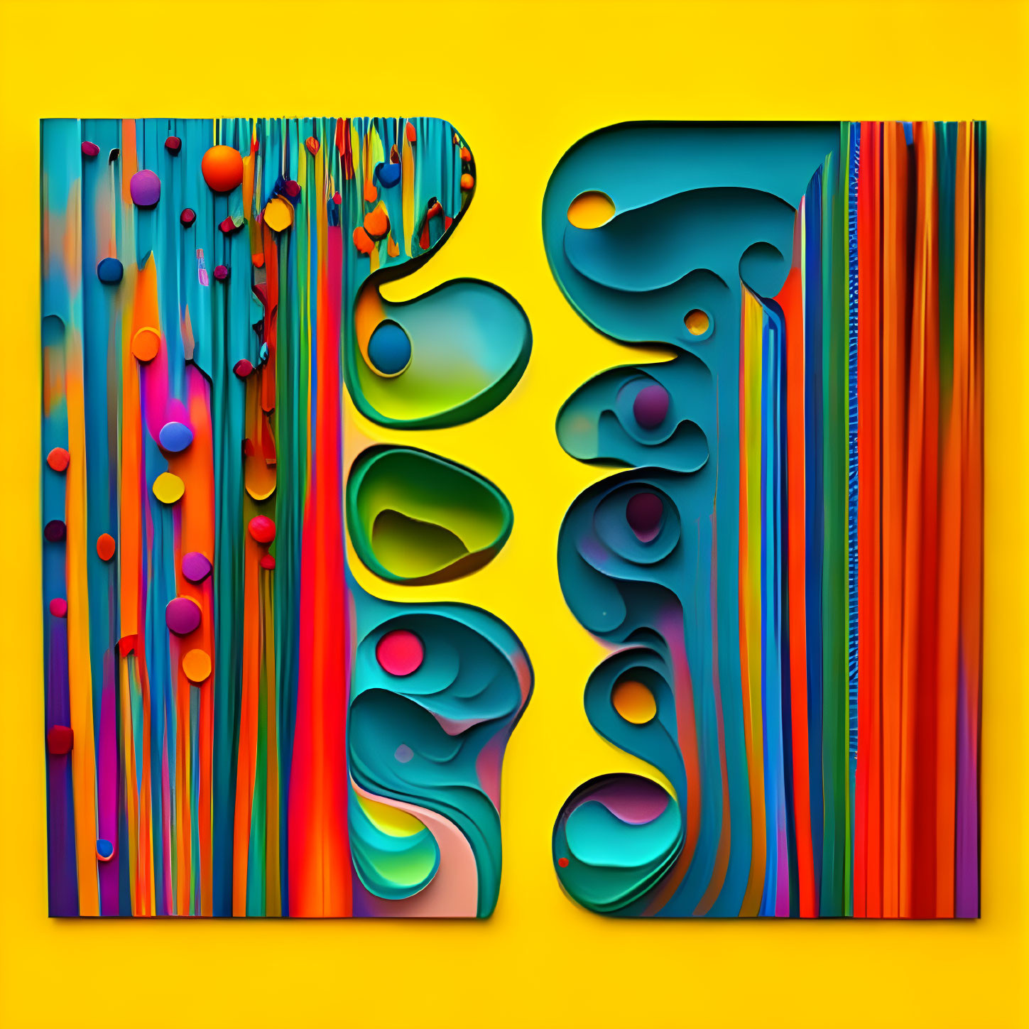 Colorful Paper Art with Layered Cut-Out Shapes and Raised Dots on Yellow Background