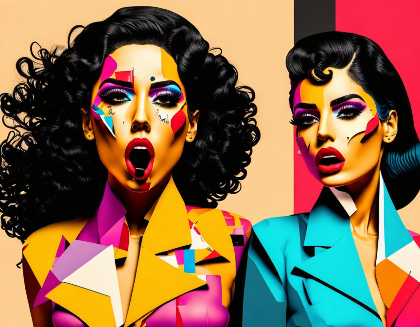 Stylized female figures with vibrant makeup and geometric clothing on pink and orange backdrop