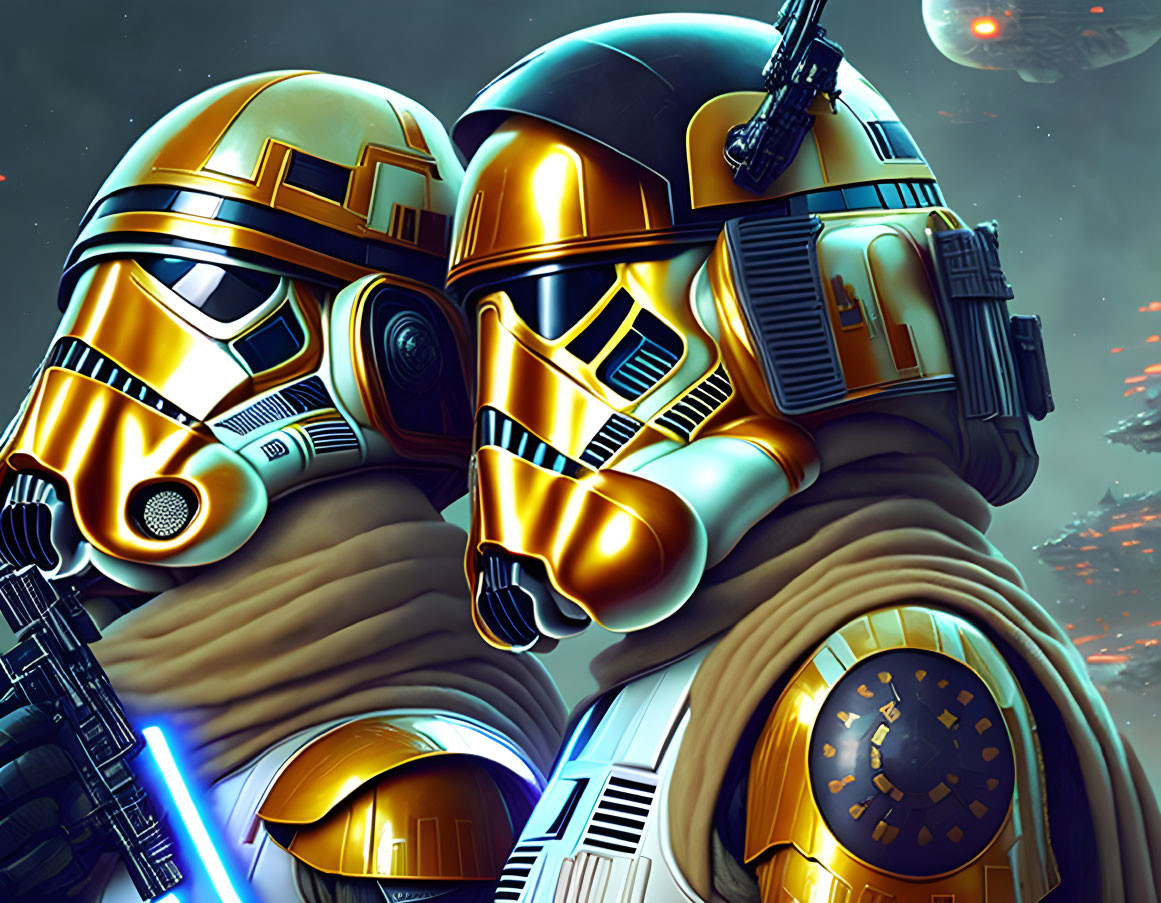 Gold and white/blue droids with lightsaber in space background