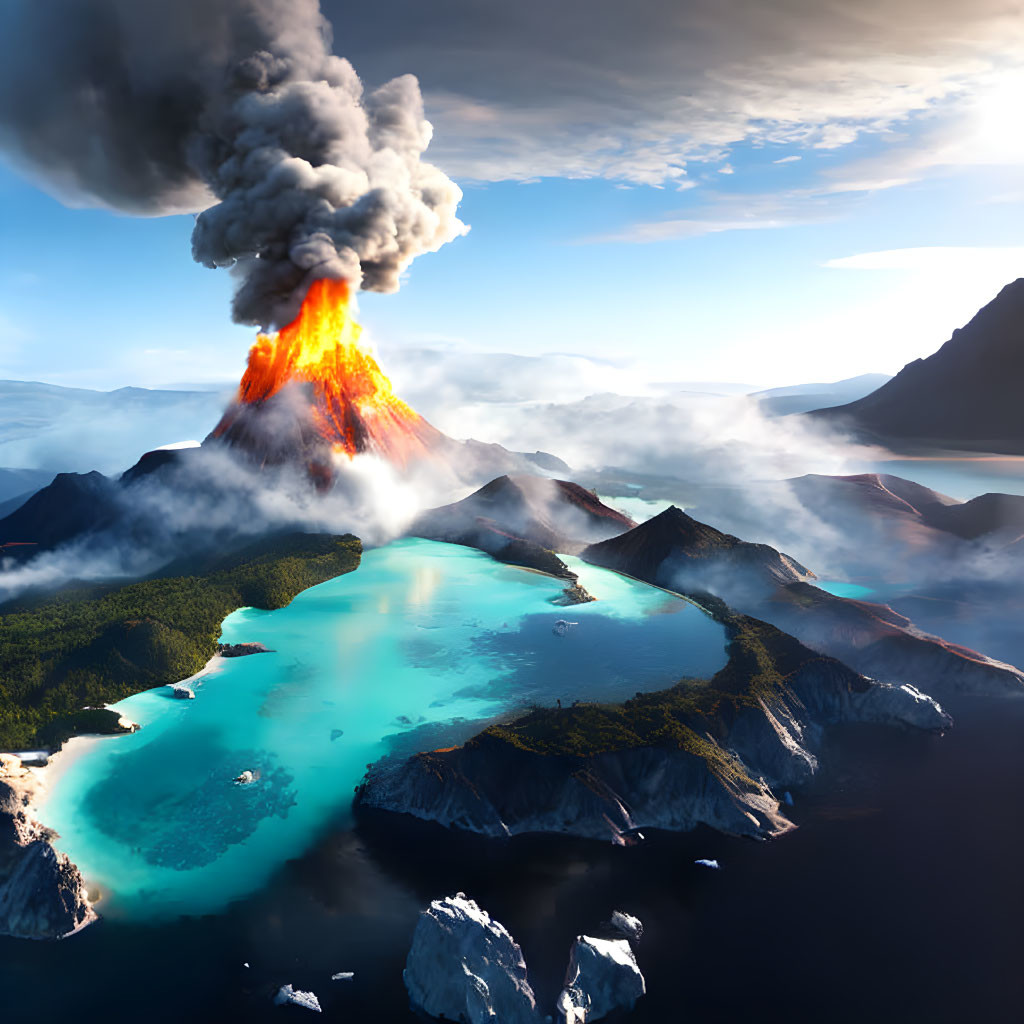 Active volcano spewing smoke and lava over coastal landscape