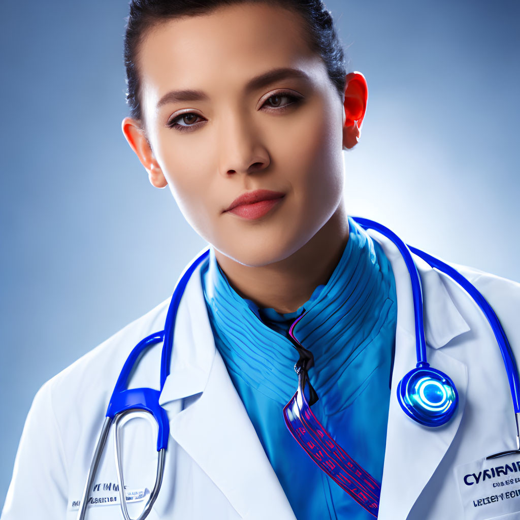 Professional Woman in Lab Coat with Stethoscope and Futuristic Medical Device on Blue Background