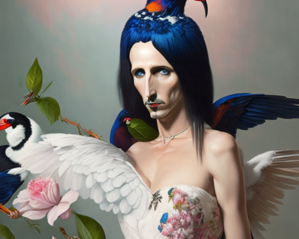 Person with White Wings and Vibrant Birds in Surreal Portrait