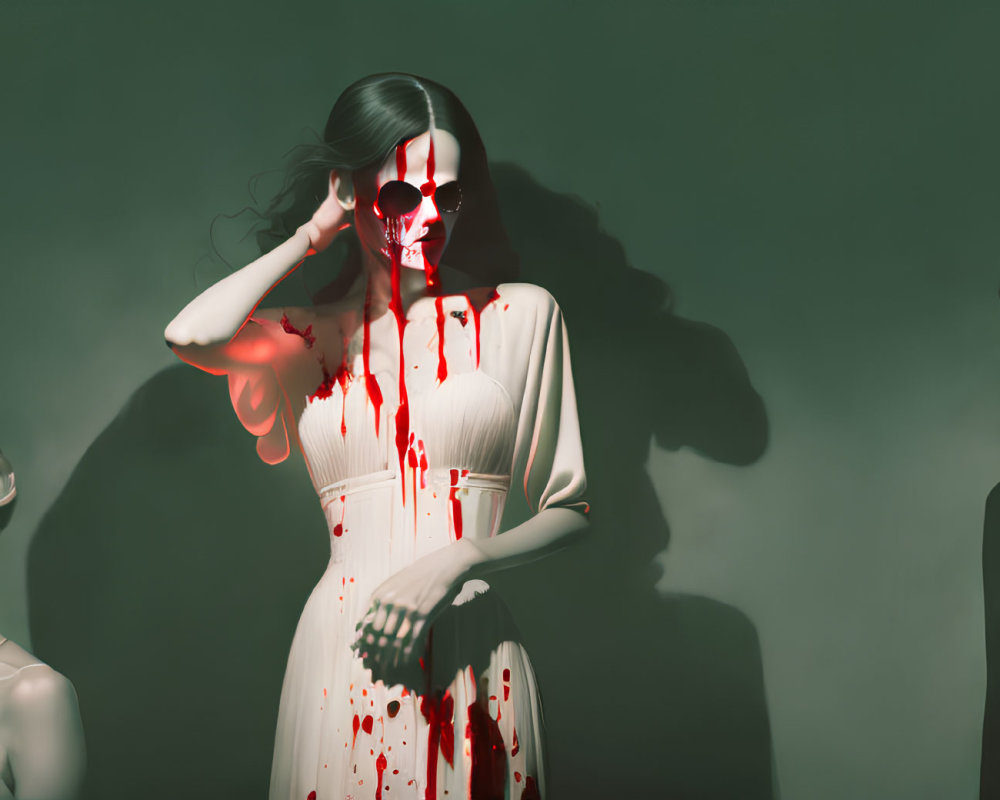 Mannequins in Varying Poses with Red Paint Splatter on Green Background