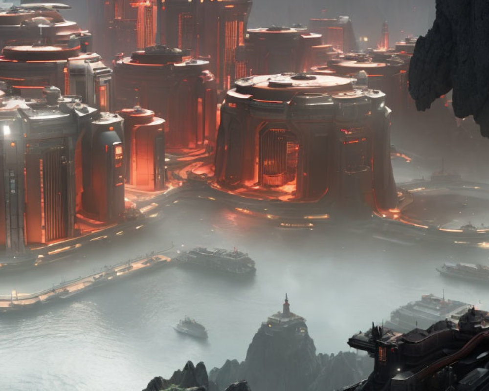 Futuristic cityscape with glowing red lights and towering structures amid water and rock formations at dusk
