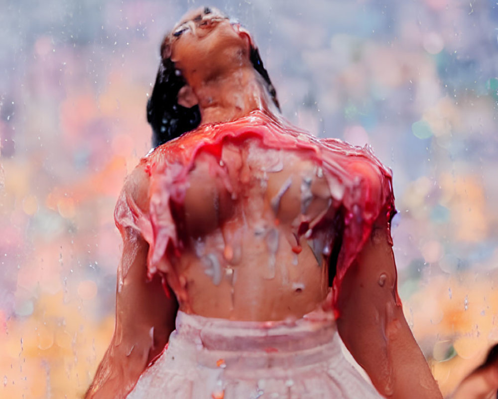 Joyful person in wet, pink-stained garment under colorful water droplets