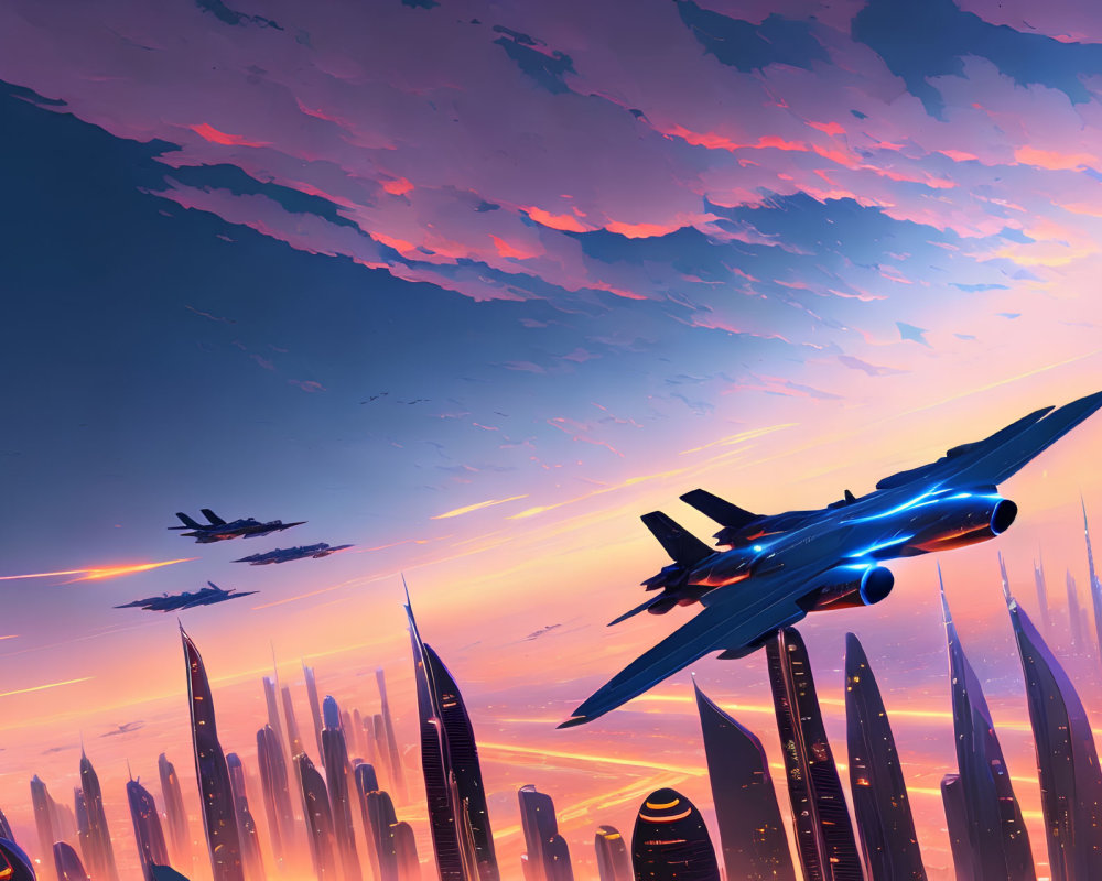 Futuristic fighter jets over vibrant cityscape at dusk