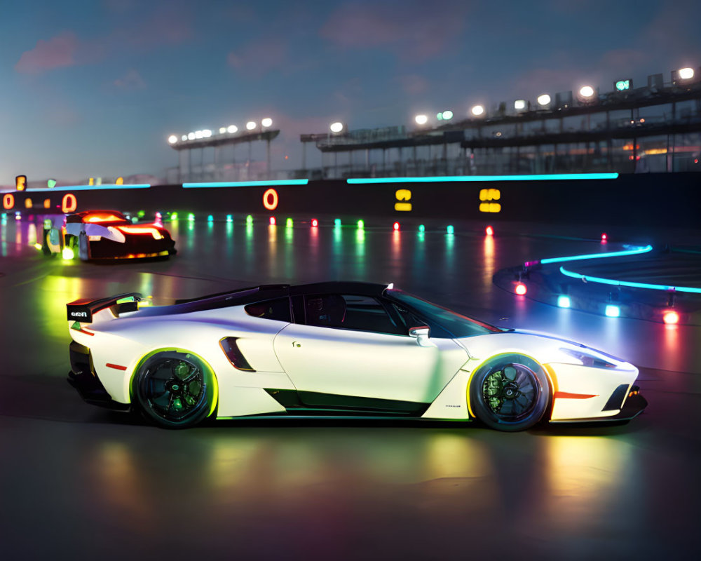 White Sports Car with Green Accents on Twilight Track with Colorful Lights