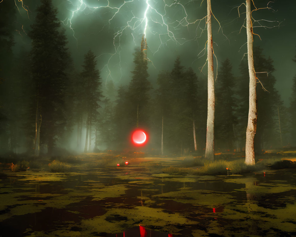Mysterious night forest with glowing red orb, lightning, tall trees, fog, and red lights